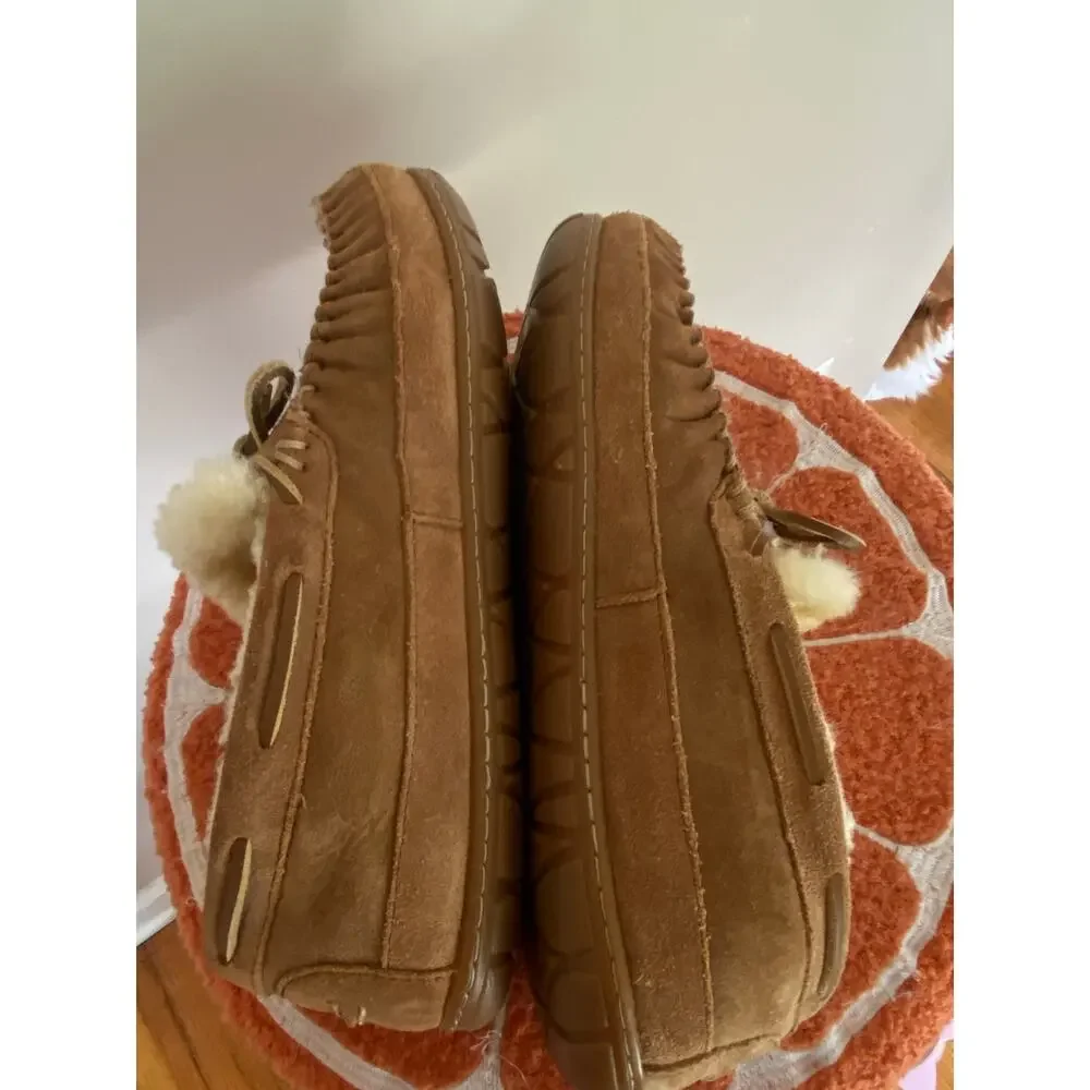 LL Bean Wicked Good Moccasins Mens Suede/ Dyed Lambs Fur Slippers Tan 11 Wide